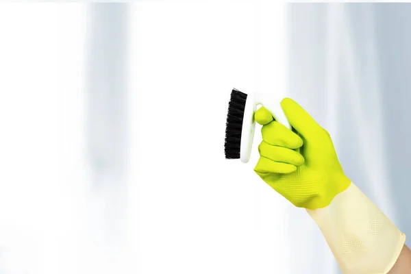 Spring Cleaning Concept Top View Hand Yellow Rubber Gloves Holding — 스톡 사진