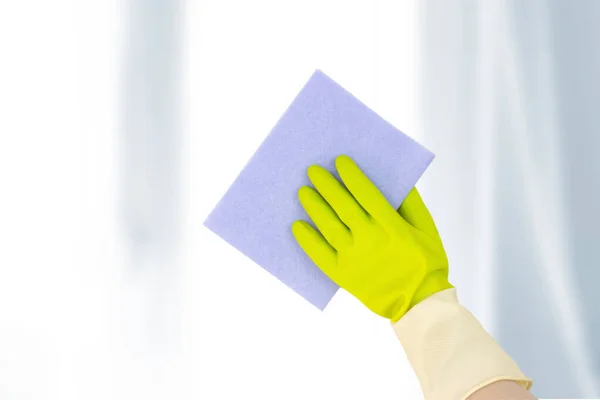 Washing Windows Theme Top View Hand Yellow Rubber Gloves Holding — 스톡 사진