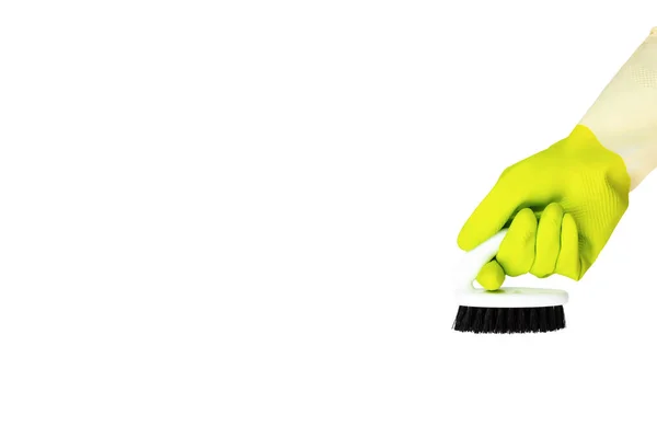 Spring Cleaning Concept Yellow Cleaning Glove Brush Isolated White Concept — 스톡 사진
