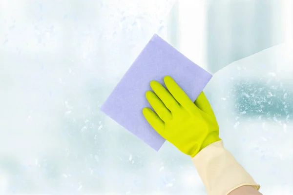 Spring Cleaning Concept Top View Hand Yellow Rubber Gloves Cleaning — Stock Photo, Image