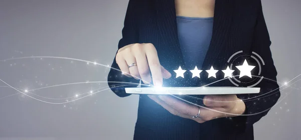 Five Stars Rating Hand Touching Screen White Tablet Businesswoman Hand — 스톡 사진