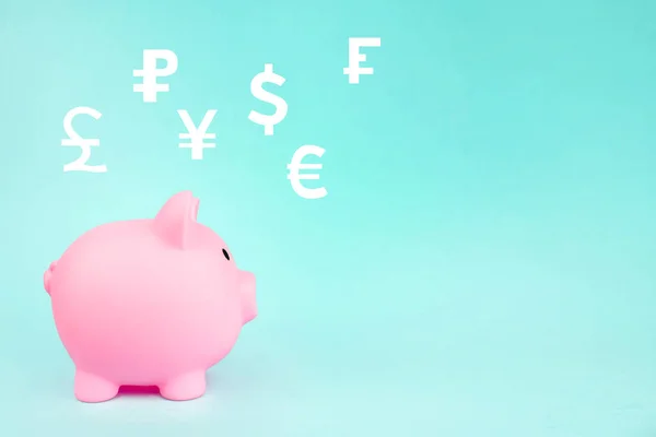 Pink Piggy Bank Digital Hologram World Currencies Blue Background Financial — 스톡 사진