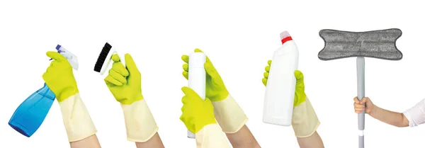 Top View Hand Yellow Rubber Gloves Holding Cleaning Supplies Collection — Stock Photo, Image