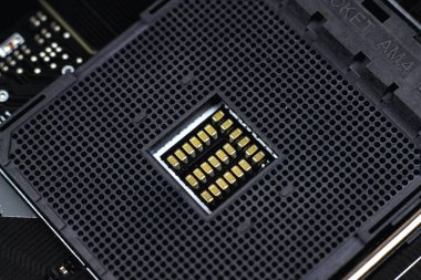 Motherboard digital chip. Information engineering component. Integrated communication processor. Macro shot of Electronic Circuit Board representing modern technology.