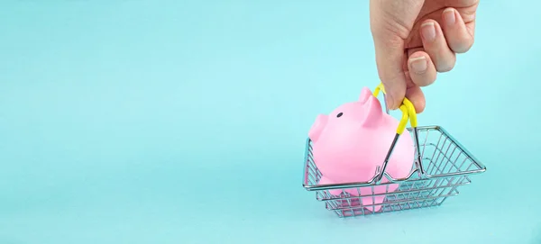 Piggy Bank Supermarket Shopping Basket Human Hand Blue Background Consumer — Foto Stock