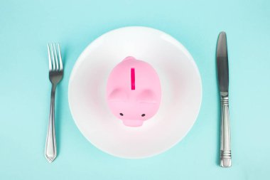 Birikimleri, yemek masraflarını yiyin. Kumbaranın manzarasını beyaz tabakta çatal ve bıçakla kapat..