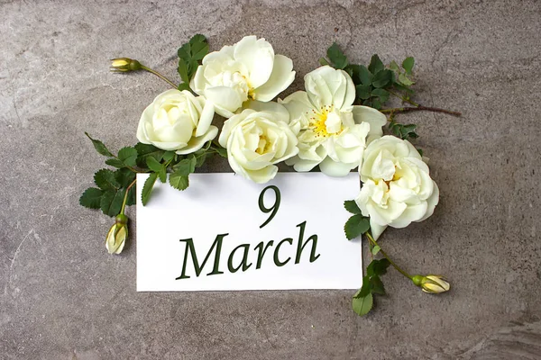 March 9Th Day Month Calendar Date White Roses Border Pastel — Stock Photo, Image