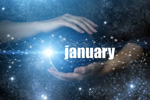 Enero Mes Mes Del Calendario Humano Sosteniendo Las Manos Planeta — Foto de Stock
