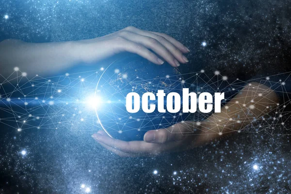 October Month Calendar Month Human Holding Hands Earth Globe Planet — Stock Photo, Image