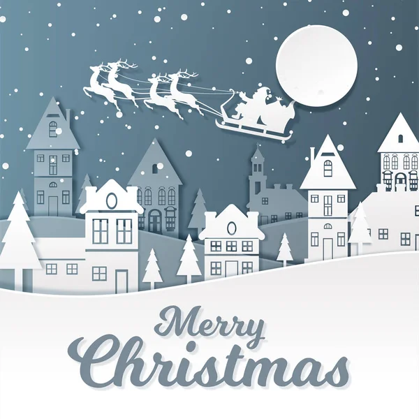 Santa Claus riding his reindeer sleigh flying over town. Christmas Background