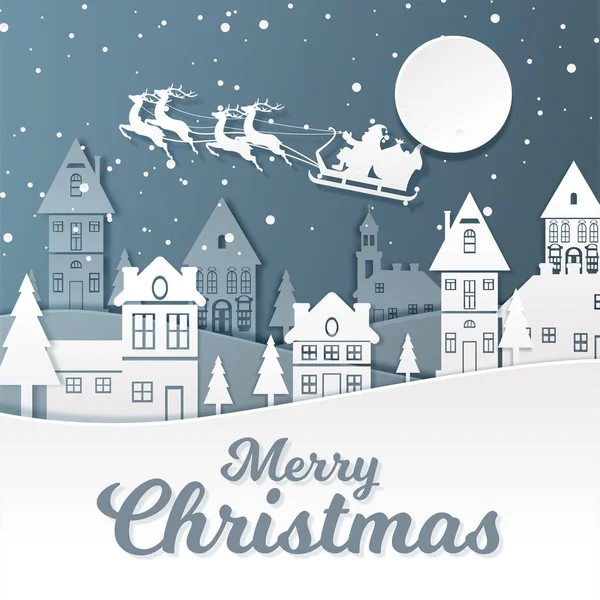 Santa Claus Riding His Reindeer Sleigh Flying Town Christmas Background — Stok Vektör