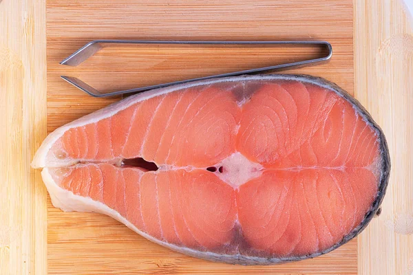 Fresh trout steak on wooden surface — Stock Image Fresh Trout Steak Wooden Surface Stock Photo