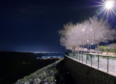 Güzel ışıklı bir caddesi olan gece şehri.