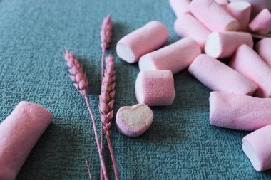 Mavi arka planda tatlı pembe şekerlemeler. Bir marşmelov bir kalp şeklindedir. Kurumuş pembe çiçeklerle birlikte. Kadın imajı, tapılası ve Instagram hikayeleri için ideal bir şekli var.