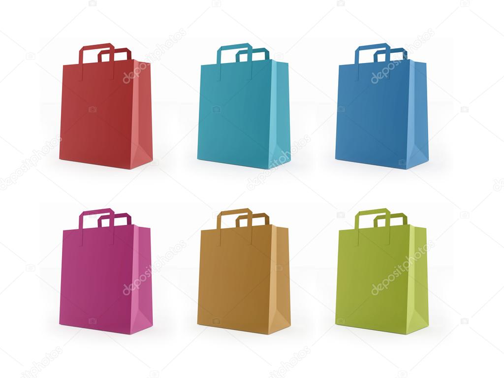 Six colored shopping bag rendered isolated  
