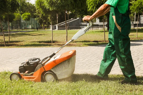 Ein Arbeiter Mäht Stadtpark Mit Einem Rasenmäher Das Gras — Stockfoto