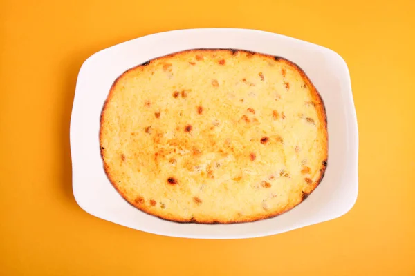 Cottage Cheese Casserole Baking Dish Orange Background — Stock Photo, Image
