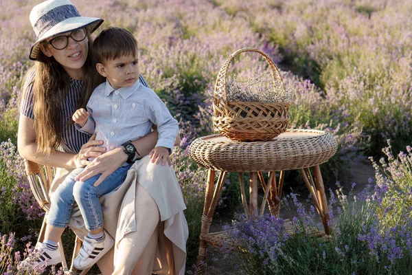 Large family, fatherhood, childhood, motherhood, provence style concept - young mom sits on wicker chair with little kid boy son and daughter girl on lavender field on summer evening before sunset.