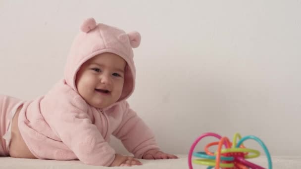 Infant Childhood Concept Close Smiling Happy Plump Funny Brown Eyed — Stock Video