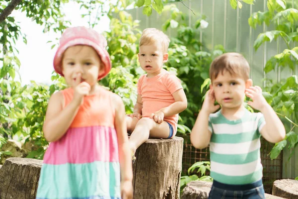 Three children of same age show different emotions. Kids in green garden play game deaf blind dumb outdoors in summer. sister and brothers show gesture of silence, hold finger to their lips, cover — Stockfoto