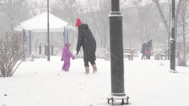 Winter, vacation, games, family concepts - happy preschool toddler kid daughter girl run away playing make snowball with mom, having fun spin around in snowfall cold season weather in park outdoors — Stock Video