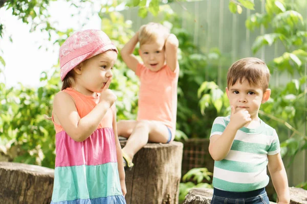 Three children of same age show different emotions. Kids in green garden play game deaf blind dumb outdoors in summer. sister and brothers show gesture of silence, hold finger to their lips, cover — Stockfoto
