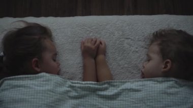 Rahatlama, Tatlı Rüyalar, Çocukluk, Aile Kavramları - İki küçük anaokulu çocuğu Kardeşler Öğle yemeğinde battaniyeye sarılı olarak Yatakta Uyurlar
