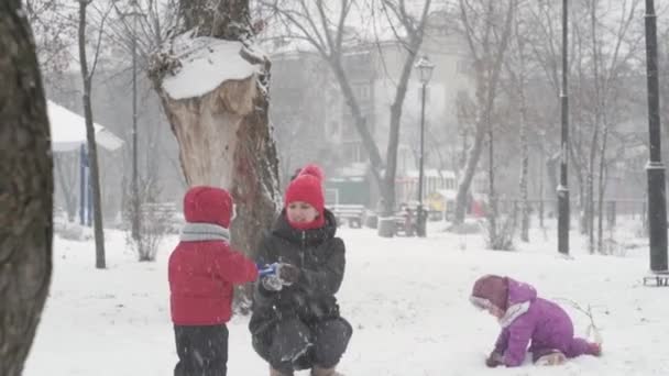 Inverno, vacanza, giochi, concetti di famiglia - Due felici fratelli bambini in età prescolare vestiti con cappelli e guanti con la mamma a giocare rendono la palla di neve in nevicata nella stagione fredda nel parco all'aperto — Video Stock