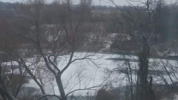 Vervoer, weg, spoorweg, landschap, hoererij, concept - uitzicht vanuit het raam van de sneltrein op het landschap van de natuur besneeuwde veld en bos tijdens de winter sneeuwstorm. reizen op het platteland per spoor — Stockvideo