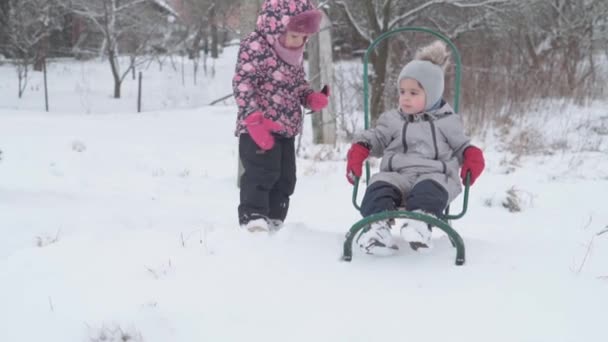 Wakacje, gra, koncepcja rodziny - slo-mo autentyczne Dwa szczęśliwe przedszkolne rodzeństwo dzieci w kapeluszach i rękawicach sanki i toczenia się wzajemnie. opady śniegu w zimnym sezonie pogoda w parku zimowym na zewnątrz — Wideo stockowe
