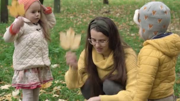 Infancia, familia, maternidad, concepto de otoño - niños pequeños 2-4 años de edad, niño y niña con mamá linda joven recoger hojas de arce amarillo caído de la hierba verde en la cesta de mimbre en el parque en tiempo nublado — Vídeo de stock