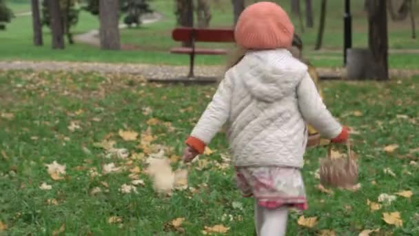 Barndom, familie, høstkonsept - liten førskoleblond jente løst hår 3-4 år i appelsinberet som holder i hånden gule lønneblad og løper til mamma med kurv i uklart vær i parken – stockvideo