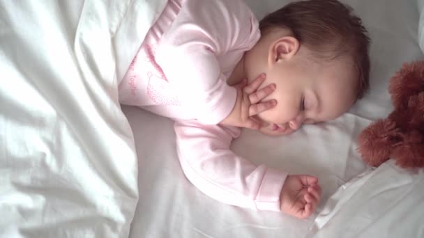本物の肖像画かわいい白いベッドの上でテディベアとピンクの睡眠中のかわいい白人の小さな赤ちゃんぽっちゃりの女の子や男の子。お昼休みの子。ケア、睡眠の子供、子供、親、人生の概念 — ストック動画