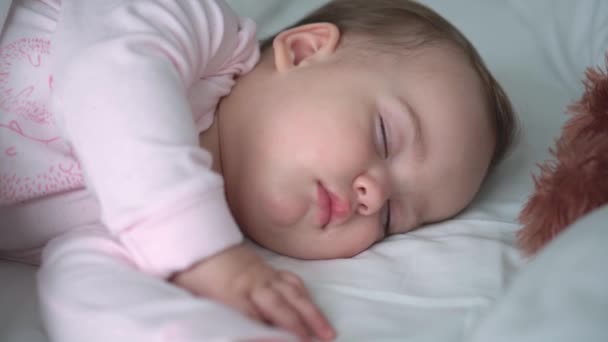 Auténtico retrato lindo bebé caucásico regordete niña o niño en sueño rosa con oso de peluche en la cama blanca. niño descansando a la hora del almuerzo. cuidado, Niñez durmiente, Infancia, paternidad, concepto de vida — Vídeo de stock