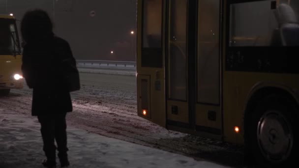 Niesamowite opady śniegu na nocnej drodze miejskiej na tle latarni wczesną zimą. Wieczorem miejski krajobraz. Ludzie spieszą do domu w Wigilię. Pogoda, Zjawiska naturalne, Szczęśliwego Nowego Roku, Transport miejski Concept — Wideo stockowe