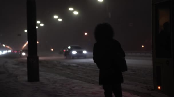 Niesamowite opady śniegu na nocnej drodze miejskiej na tle latarni wczesną zimą. Wieczorem miejski krajobraz. Ludzie spieszą do domu w Wigilię. Pogoda, Zjawiska naturalne, Szczęśliwego Nowego Roku, Transport miejski Concept — Wideo stockowe