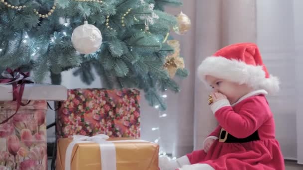 Auténtico lindo feliz alegría regordete niña con sombrero de santa y vestido rojo sonrisa jugar divertirse celebrando ambiente festivo año nuevo cerca del árbol de Navidad en casa. Infancia, día de fiesta, concepto de invierno — Vídeos de Stock