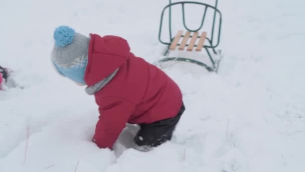 Vacanza, gioco, concetto di famiglia - Slo-mo autentico Due bambini in età prescolare felici in cappelli caldi, guanti slittino tirare slitta dalla neve sulla collina scivolo. nevicate nel freddo nel parco invernale all'aperto — Video Stock