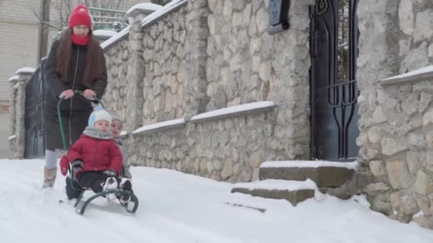 Wakacje, gra, koncepcja rodziny - slo-mo autentyczne trzy szczęśliwe przedszkolne rodzeństwo dzieci z młodą wonan mama sanki i zabawy ze śniegiem. opady śniegu w okresie zimowym w zimowym stoczni na zewnątrz — Wideo stockowe