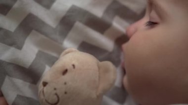 Otantik şirin, tombul bir kız çocuğu ya da erkek çocuk öğle yemeği vakti yatak odasında oyuncak ayıyla tatlı tatlı uyur. Çocuk gri yatakta yatıyor. Çocukluk, ebeveynlik, tıp, sağlık konsepti