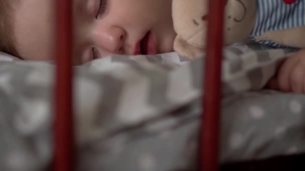 Nahaufnahme authentische süße kleine Säugling pummelig Baby Mädchen oder Junge schlafen süß in der Krippe mit Teddybär im Schlafzimmer während der Mittagszeit. Kind liegt in grauem Bett. Kindheit, Elternschaft, Medizin, Gesundheitskonzept — Stockvideo