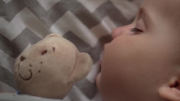 Cerrar auténtico lindo bebé regordete niña o niño dormir dulcemente en cuna con oso de peluche en el dormitorio durante el almuerzo. niño se acuesta en la cama gris. Infancia, paternidad, medicina, concepto de salud — Vídeo de stock