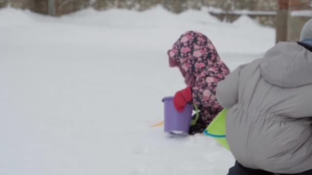 Vacaciones, juego, concepto familiar - slo-mo auténtica Dos niños preescolares felices hermanos en sombreros y manoplas recogen la nieve en cubo con espátula de arena. nevadas estación fría en el parque de invierno al aire libre. — Vídeo de stock