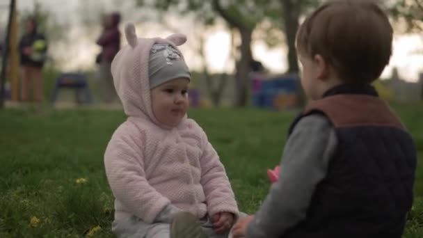 Familie, Freundschaft, Kindheitskonzepte - der kleine Bruder schenkt dem kleinen Mädchen im Frühlingspark eine lila Blume. Glückliche Kinderfreunde haben Spaß beim Duft von Tulpen bei Sonnenuntergang. Freizeit Natur — Stockvideo