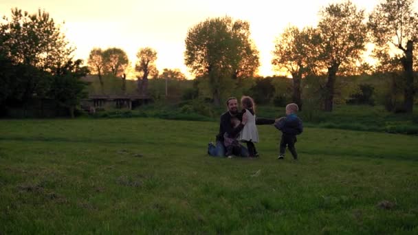 Menschen im Park. glückliche Familiensilhouette bei Sonnenuntergang. Kinder, die zu Papa rennen, haben Zeit. Eltern und lustige Kinder, die im Freien spazieren gehen. Vatertag, Kindheit, Elternschaft — Stockvideo