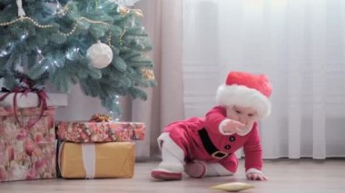 Noel Baba şapkası takan, kırmızı elbiseli, mutlu, mutlu, tombul bir kız çocuğu. Yeni yıl atmosferini kutlarken evdeki Noel ağacının yanında iyi eğlenceler. Çocukluk, bayram, kış konsepti