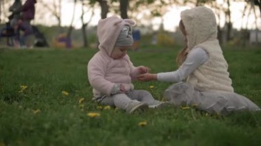 Aile, arkadaşlık, çocukluk kavramları - küçük kız kardeş bahar parkında mor çiçekli bebek kıza verir. İki mutlu çocuk arkadaş gün batımında lale kokusu alır. Boş zaman doğası
