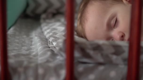 Close up αυθεντικό χαριτωμένο μικρό βρέφος παχουλό κοριτσάκι ή αγόρι κοιμούνται γλυκά στην κούνια με αρκουδάκι στο υπνοδωμάτιο κατά τη διάρκεια του γεύματος. Το παιδί ξαπλώνει στο γκρι κρεβάτι. Παιδική ηλικία, μητρότητα, ιατρική, έννοια της υγείας — Αρχείο Βίντεο
