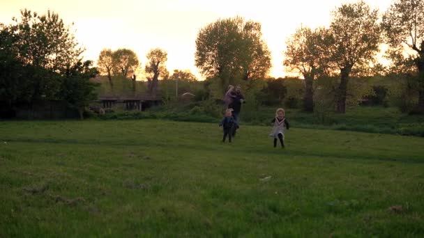 Pessoas no parque. silhueta familiar feliz ao pôr-do-sol. pai e bebê correr de mãos dadas tem passar o tempo. pais e crianças divertidas andando ao ar livre ao ar livre. Dia dos pais, infância, conceito de paternidade — Vídeo de Stock