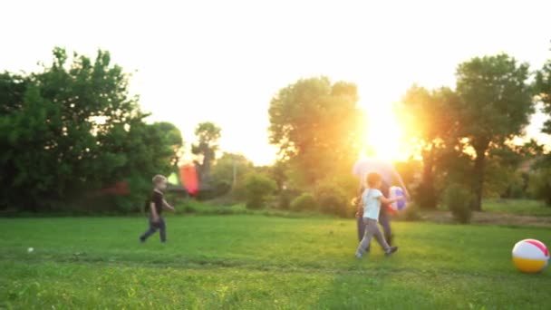 Verano, vacaciones, naturaleza, familia feliz, infancia, paternidad, día del padre papá con los niños del preescolar smal corren el juego se divierten balanceando por las manos con la bola inflable grande en el parque al atardecer afuera — Vídeos de Stock